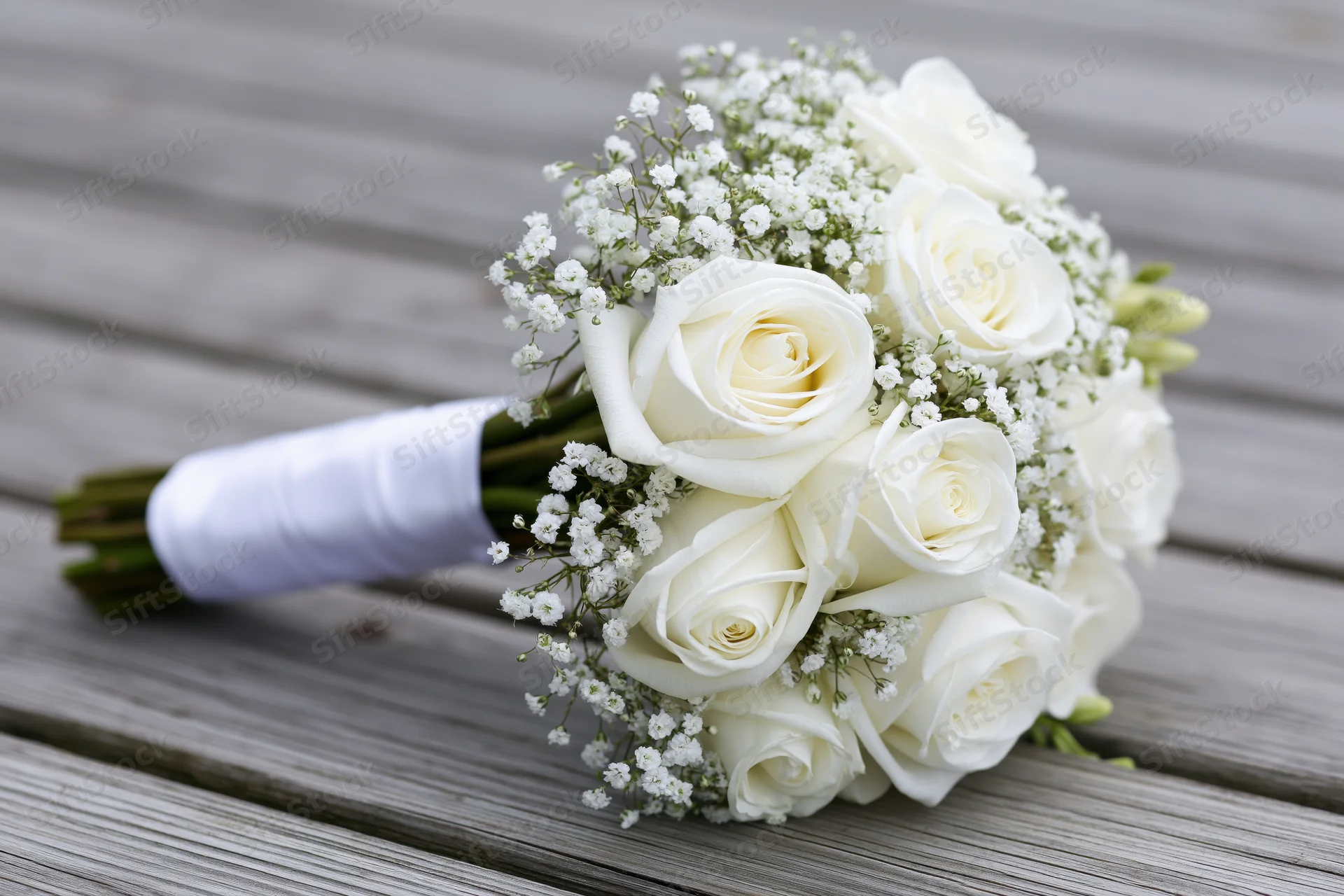 Bridal bouquet of white roses and baby's breath resting on wooden deck