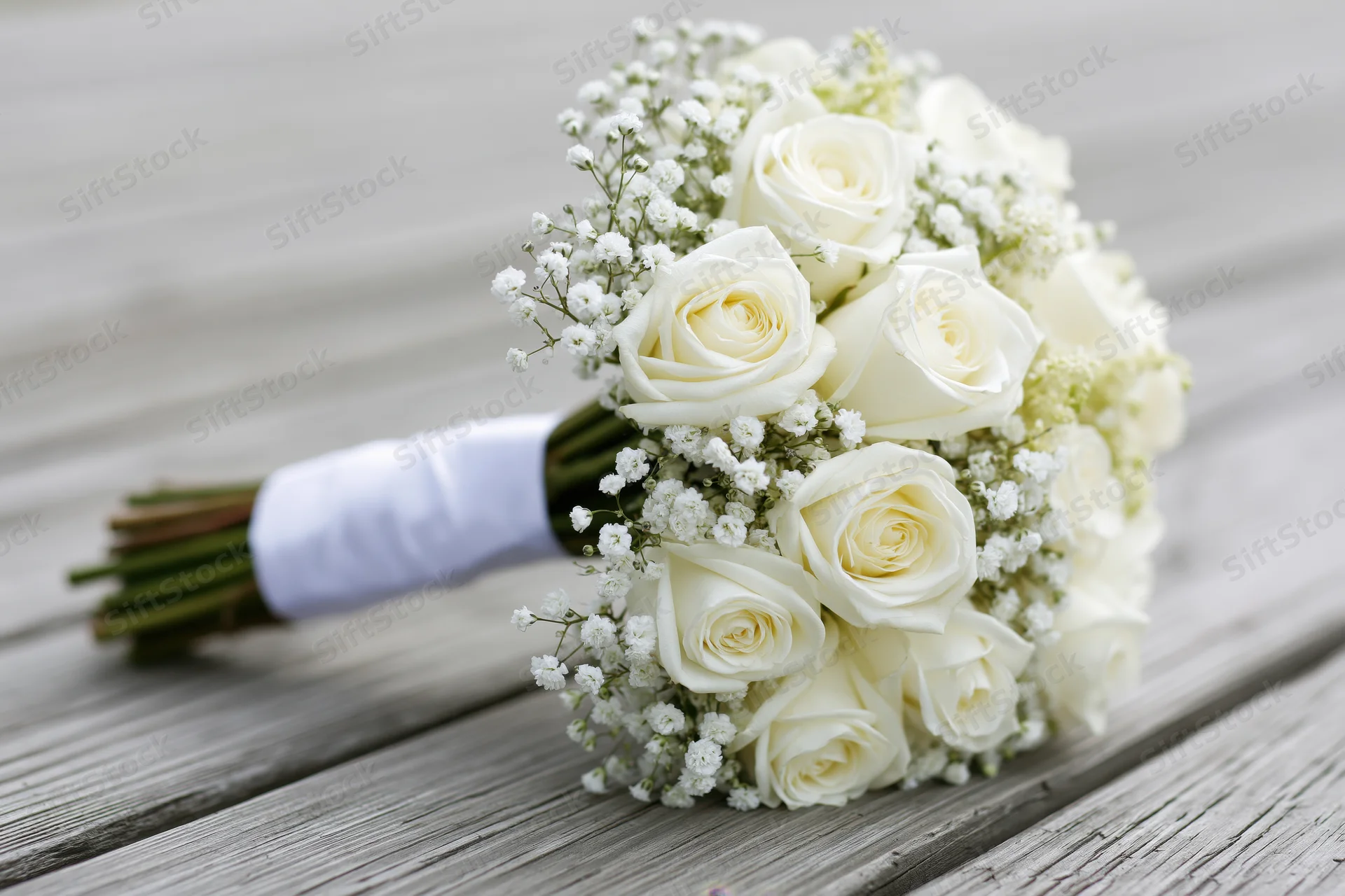 Bridal bouquet of white roses and baby's breath resting on weathered wooden deck