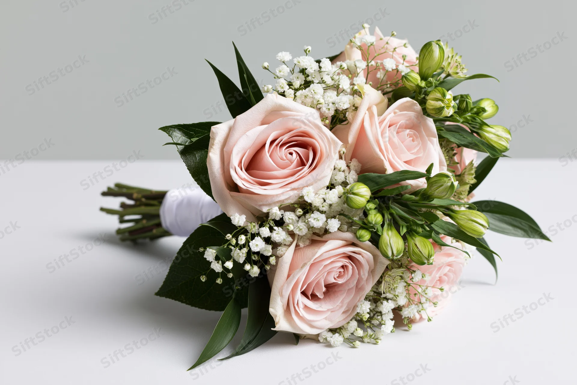 Bridal bouquet with blush roses and greenery resting on a white surface
