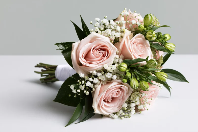 Bridal bouquet with blush roses and greenery resting on a white surface