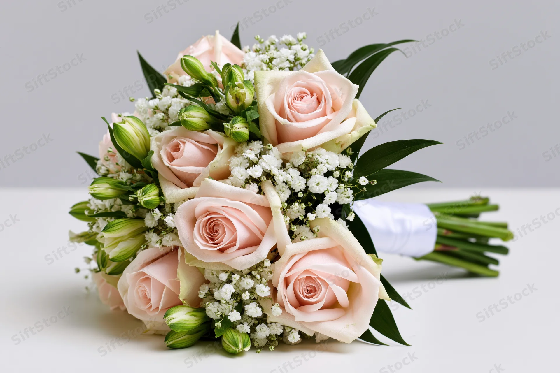 Bridal bouquet of blush roses and baby's breath with green stems and white ribbon wrap resting on a flat white surface