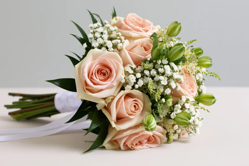 Bridal bouquet with blush roses and greenery resting on a white surface