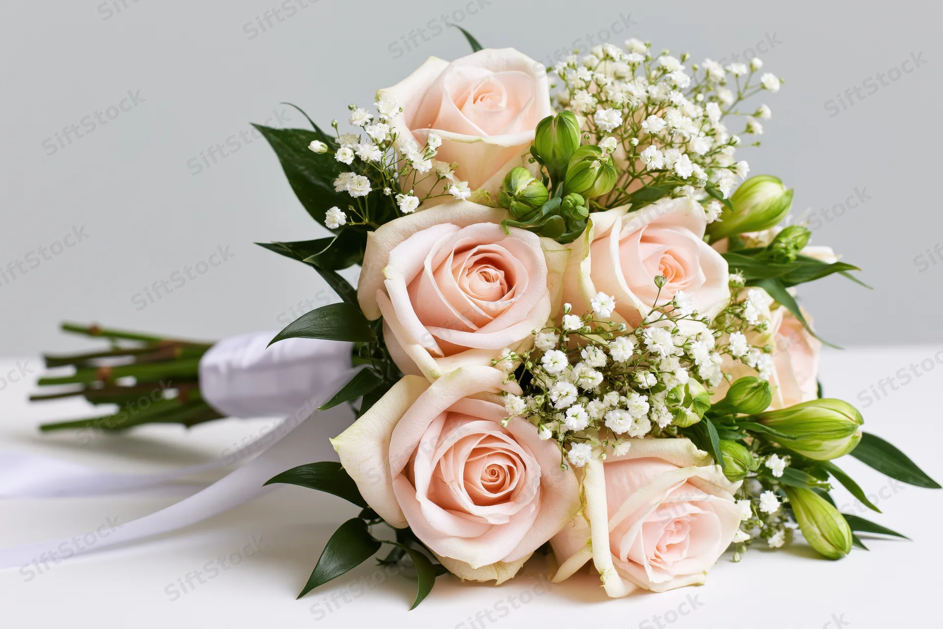 Bridal bouquet of blush roses and baby's breath with greenery and ribbon resting on white surface