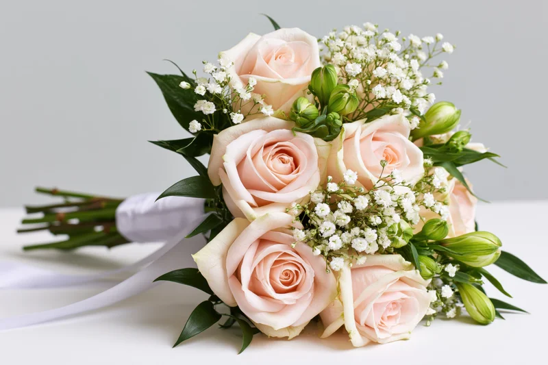 Bridal bouquet of blush roses and baby's breath with greenery and ribbon resting on white surface