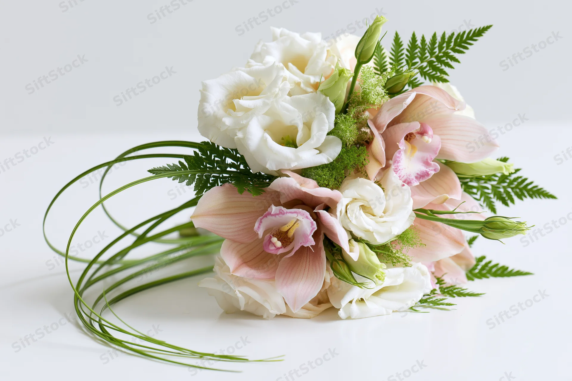 Bridal bouquet with white roses and pink orchids arranged with green ferns and stems on a white surface