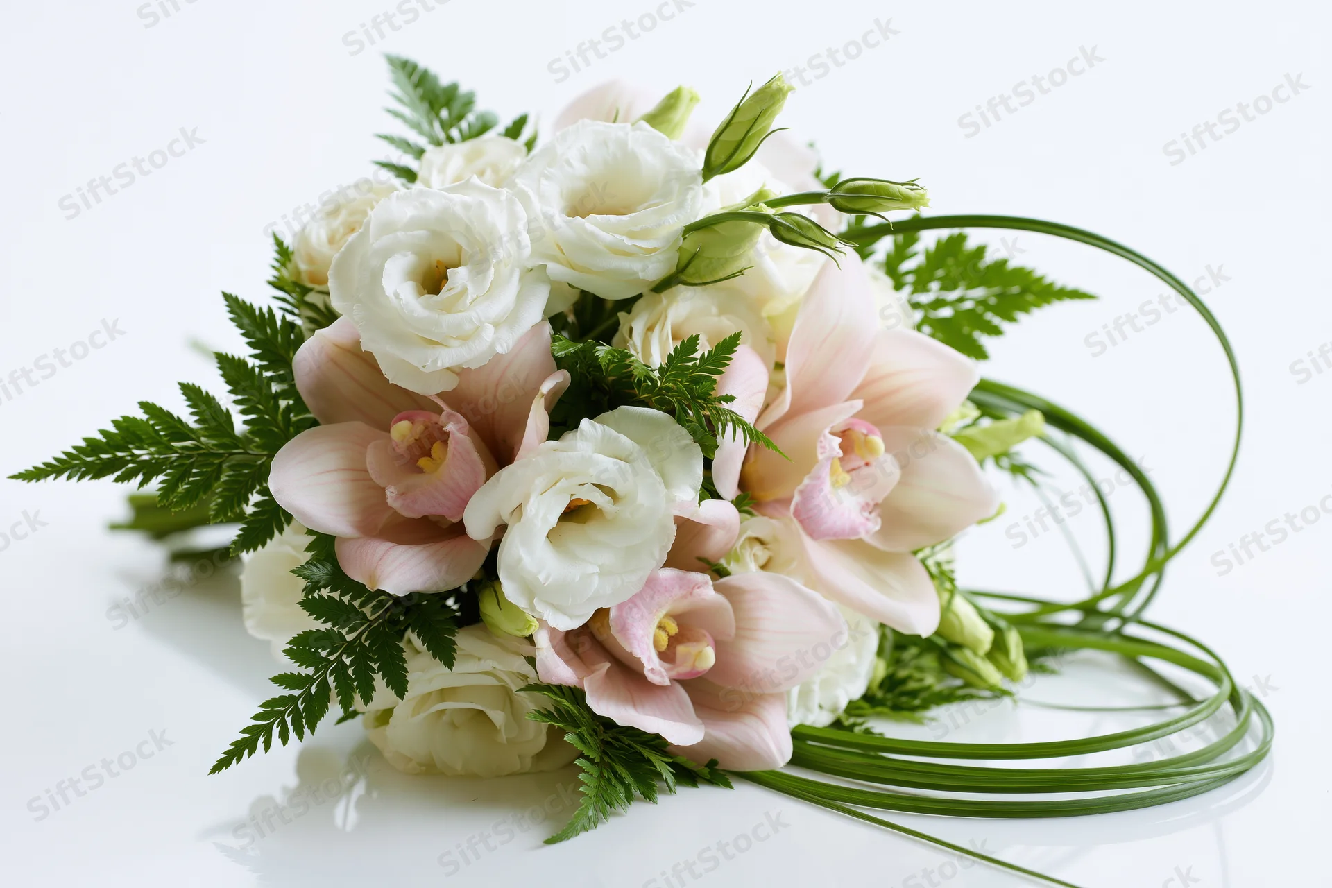 Bridal bouquet of white roses and pink orchids with green ferns resting on white surface