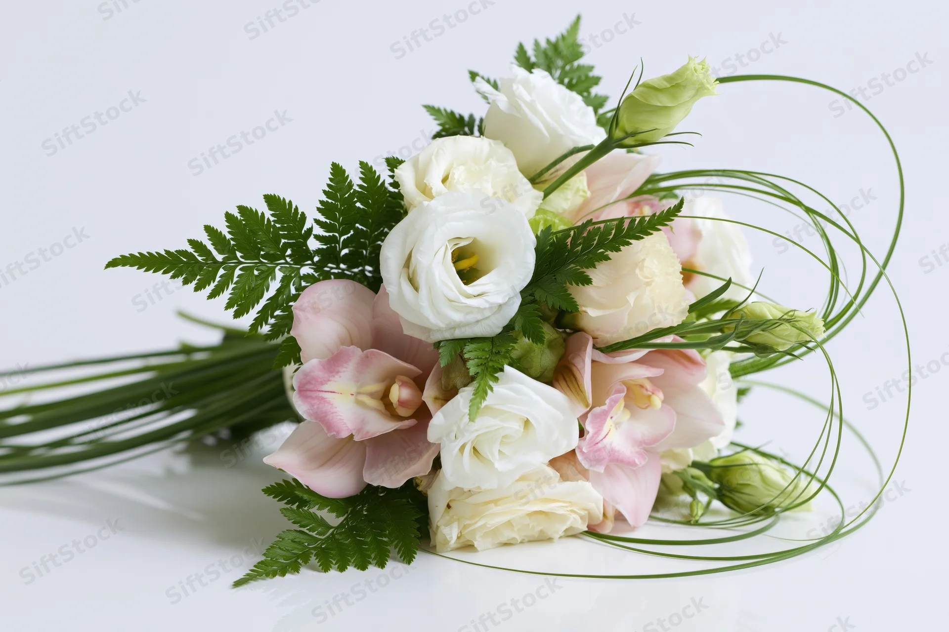 Bridal bouquet with white roses and pink orchids arranged with green ferns and grasses on a white surface