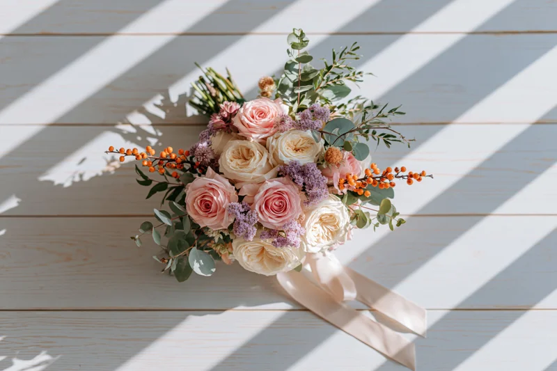 Bridal bouquet with roses and greenery resting on whitewashed wooden surface in sunlight