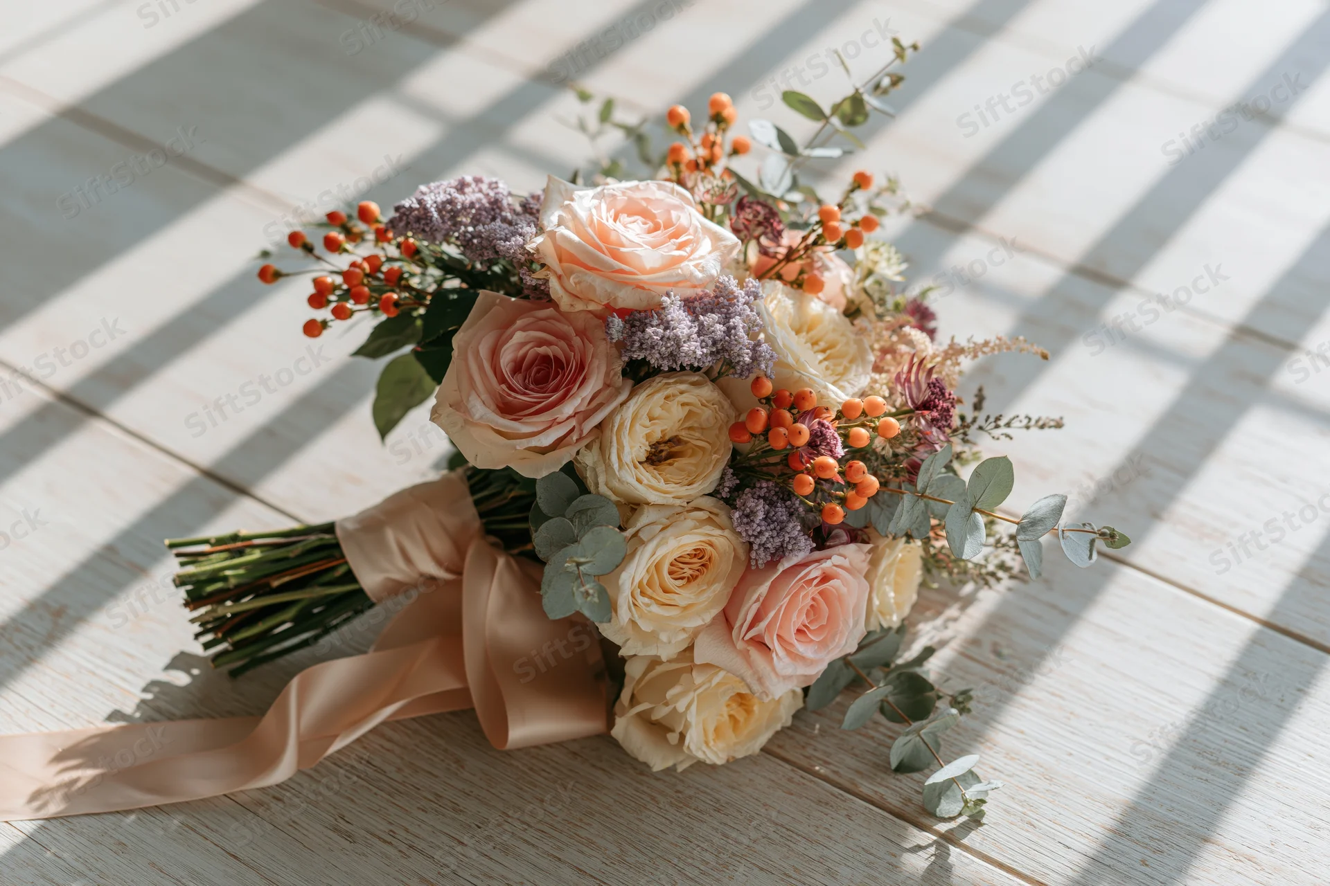 Bridal bouquet with peach roses and greenery resting on whitewashed wooden surface in dappled sunlight