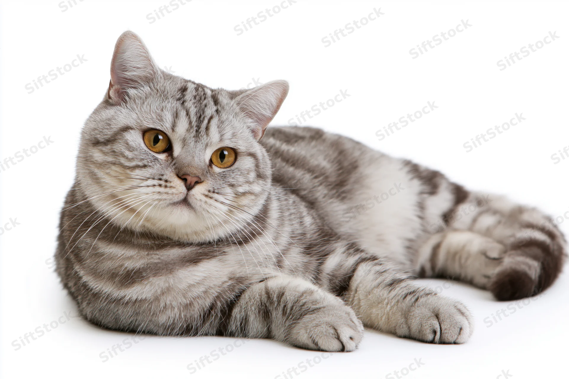 Britishshorthair cat lying down on white surface in studio portrait