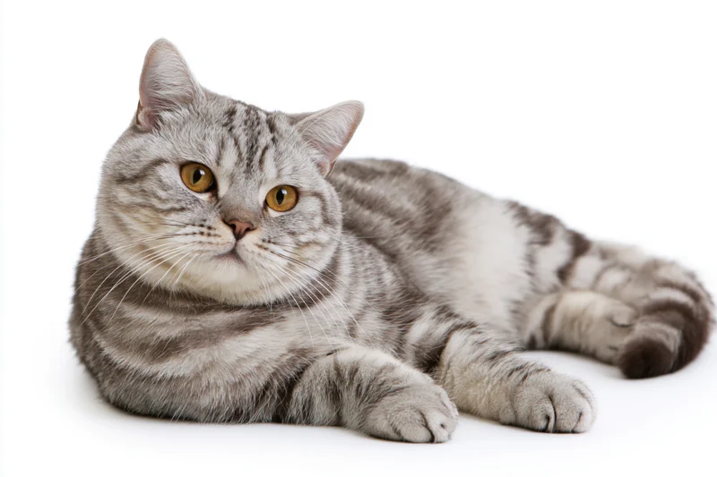 Britishshorthair cat lying down on white surface in studio portrait