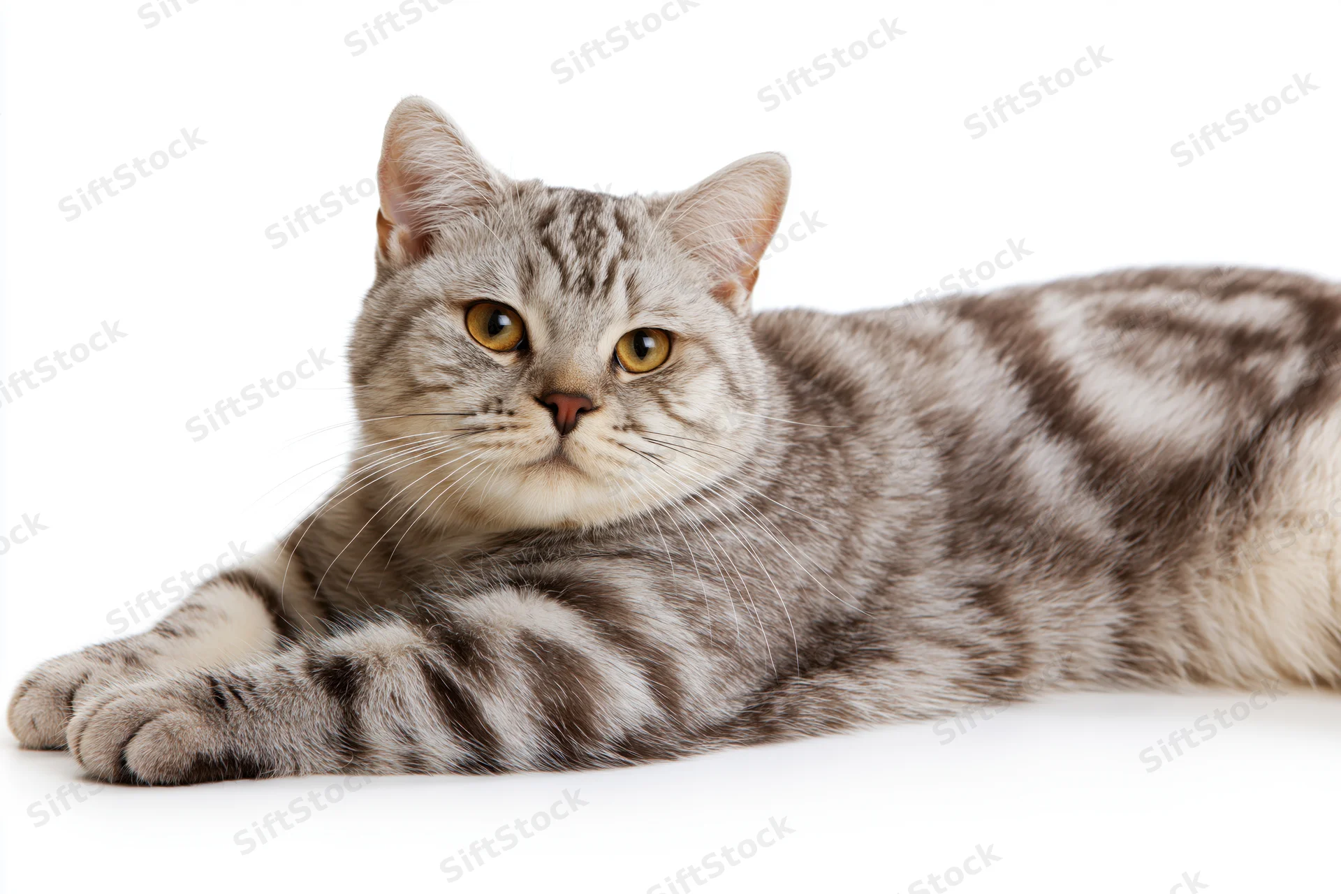 Britishshorthair cat lying down on white surface in studio portrait