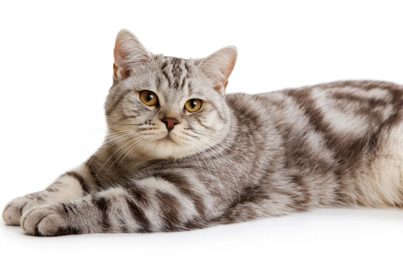 Britishshorthair cat lying down on white surface in studio portrait