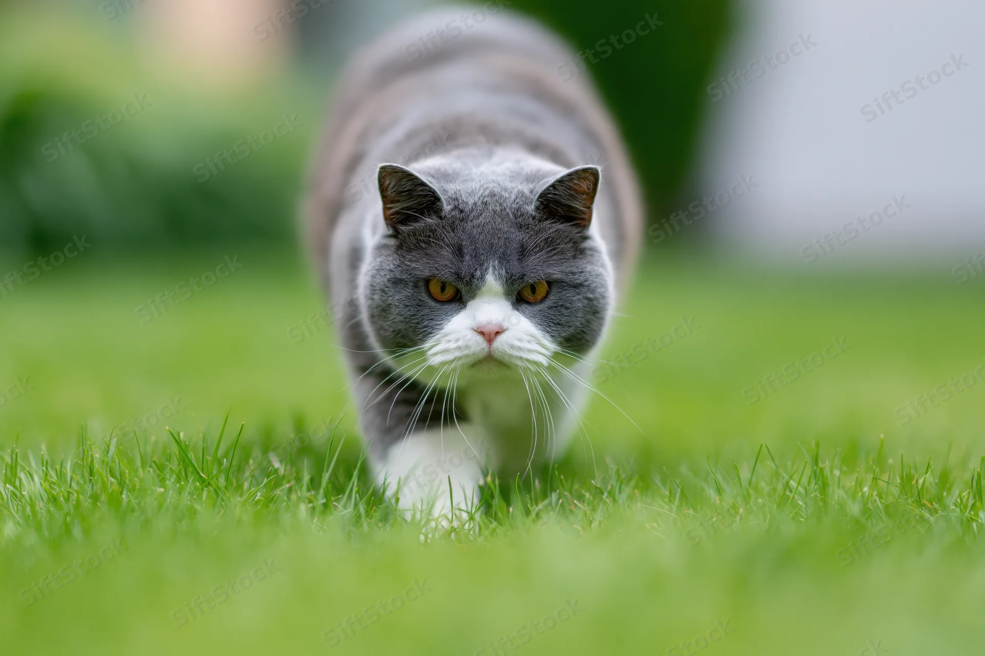 Britishshorthair cat walking on green grass in a garden with focused expression