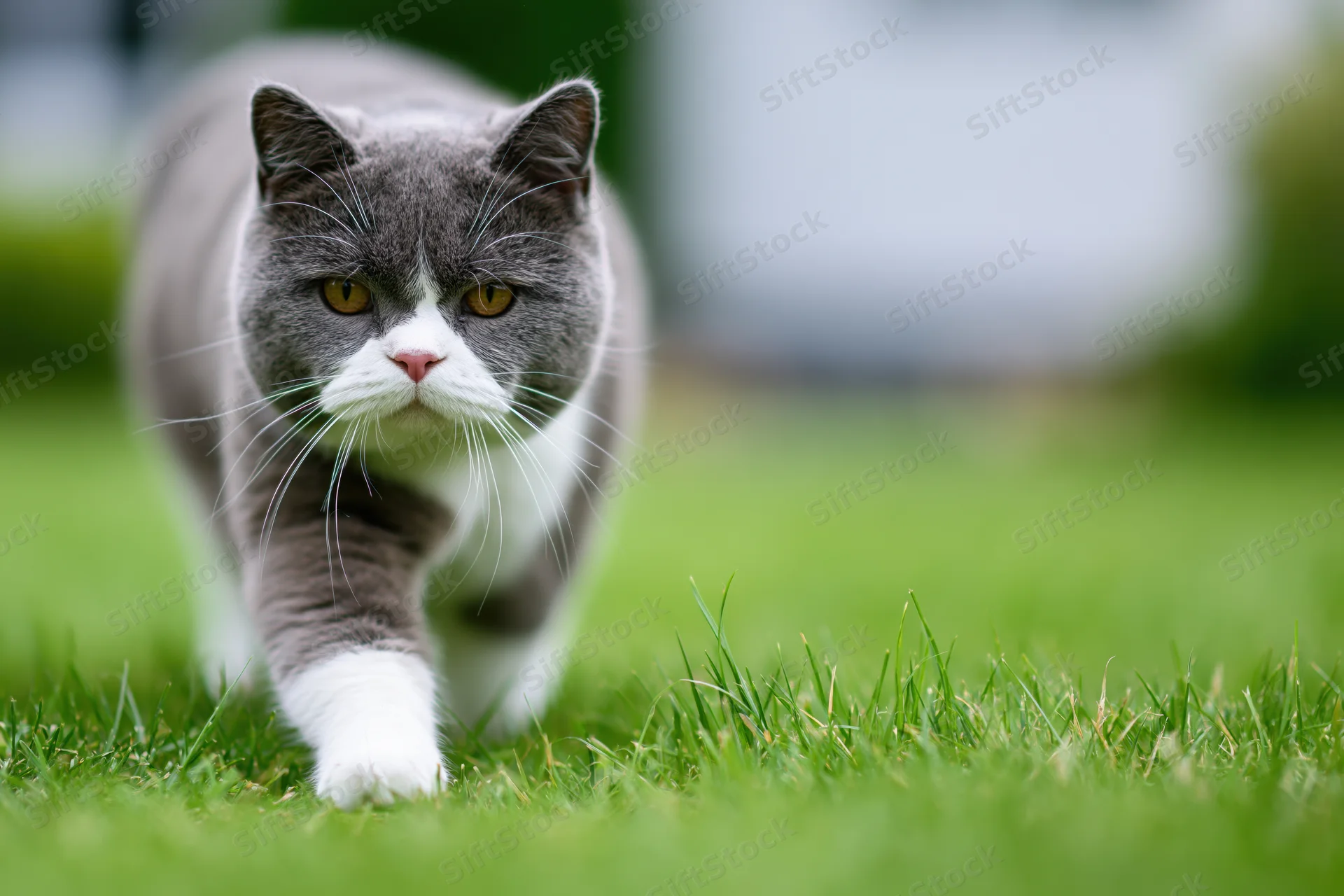Britishshorthair cat walking on green grass in outdoor garden setting