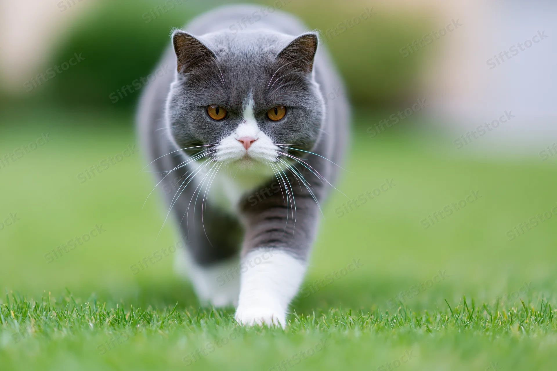 Grey and white british shorthair cat walking on green grass outdoors