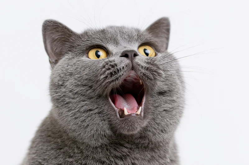 Grey british shorthair cat yowling with mouth open against white background