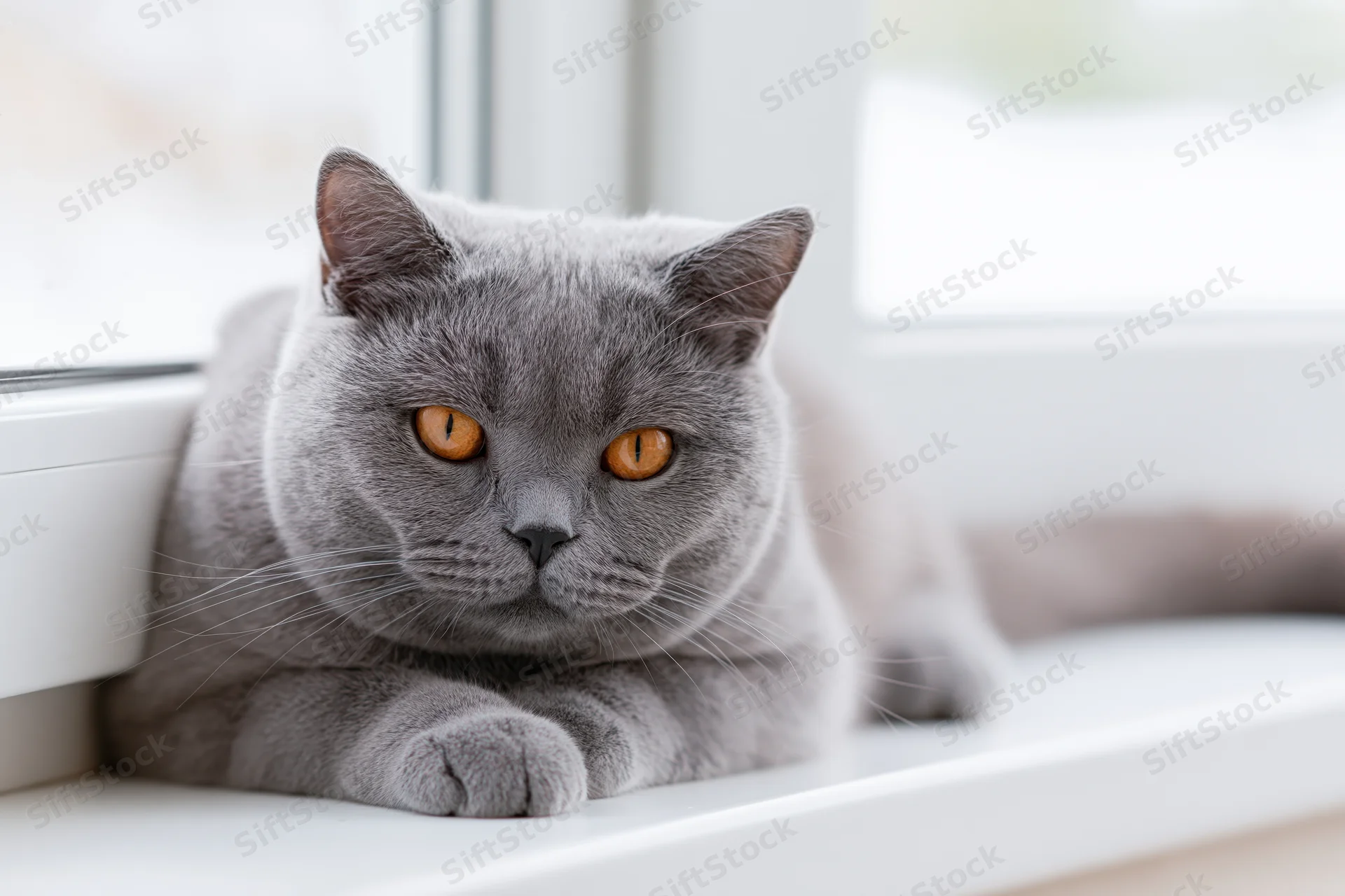 Grey british shorthair cat resting on windowsill indoors with orange eyes looking at camera