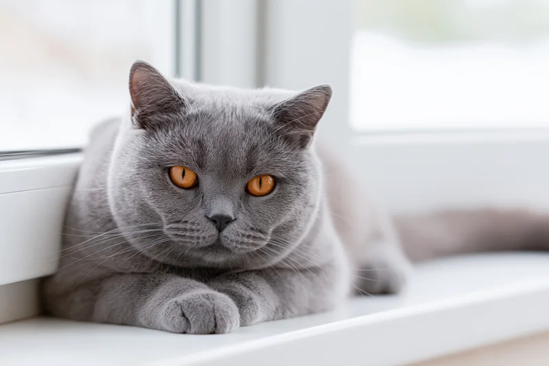 Grey british shorthair cat resting on windowsill indoors with orange eyes looking at camera