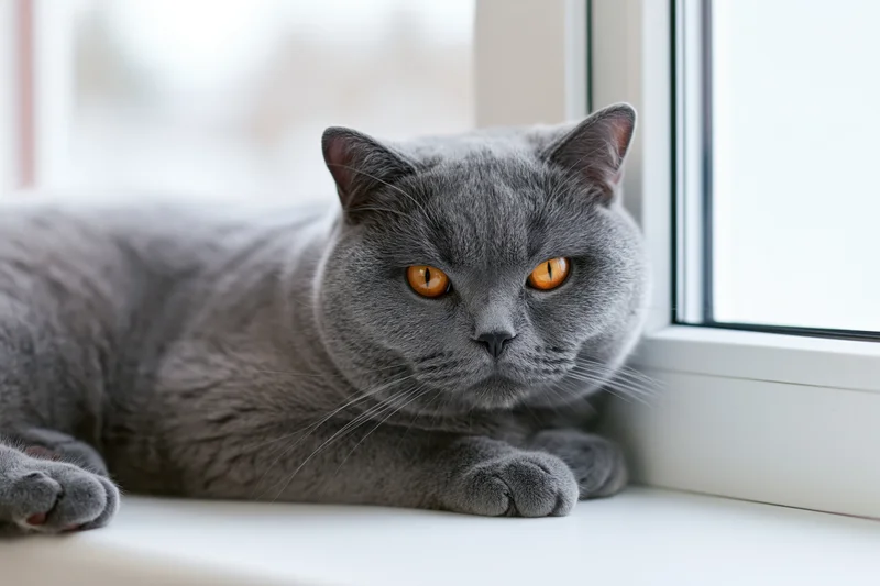 Grey british shorthair cat resting on windowsill indoors