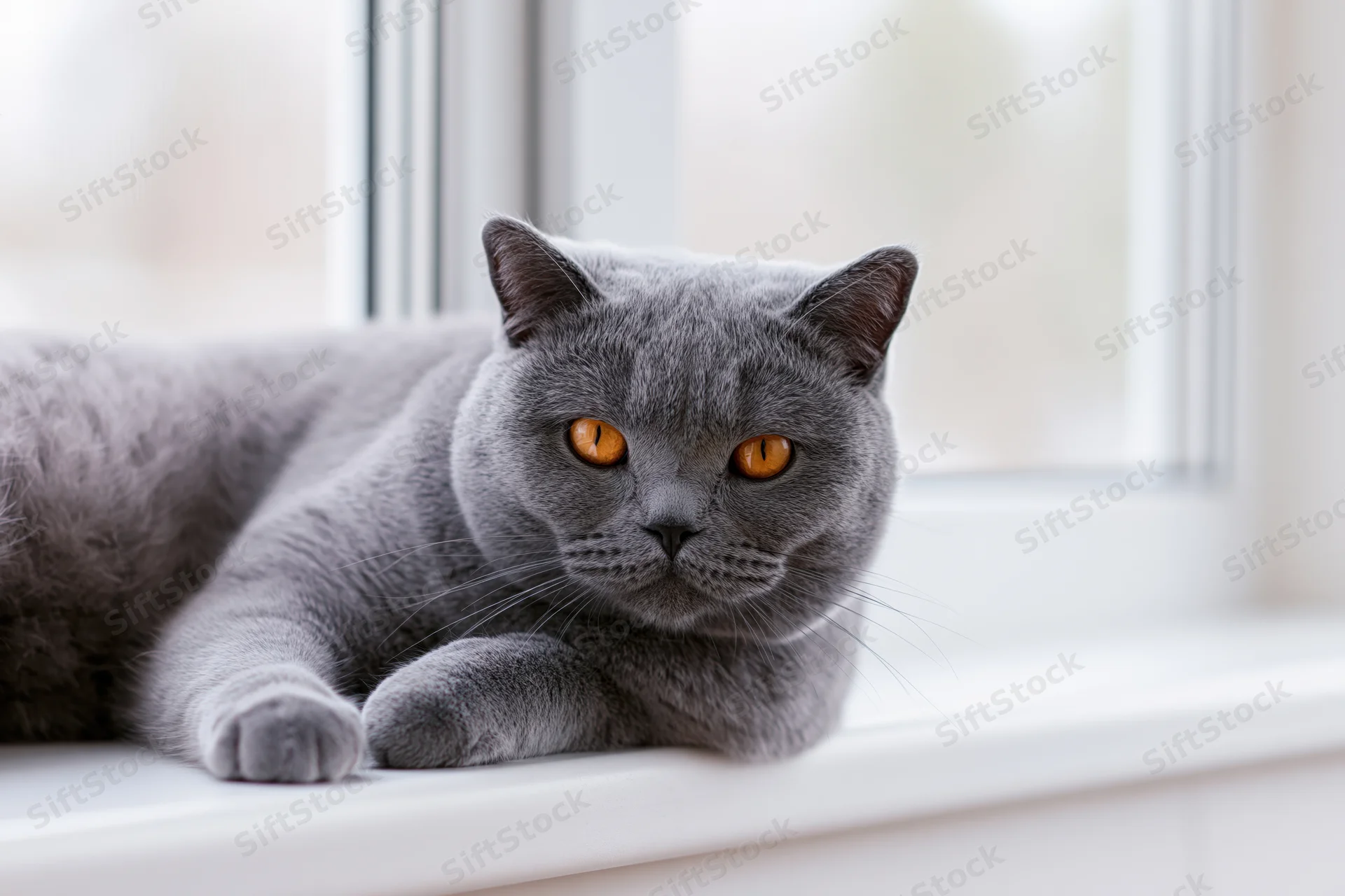 Grey british shorthair cat resting on windowsill indoors