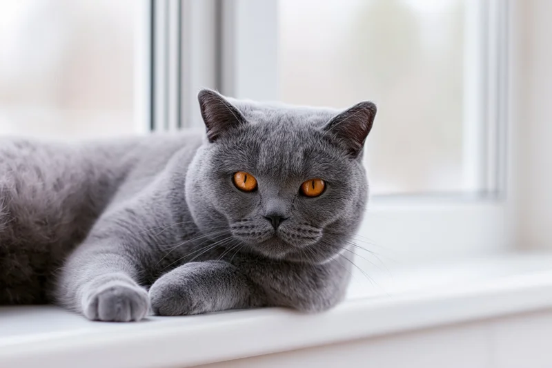 Grey british shorthair cat resting on windowsill indoors