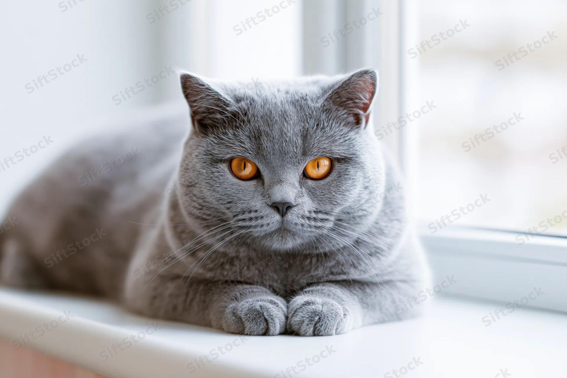 Grey british shorthair cat resting on windowsill indoors with orange eyes focused forward