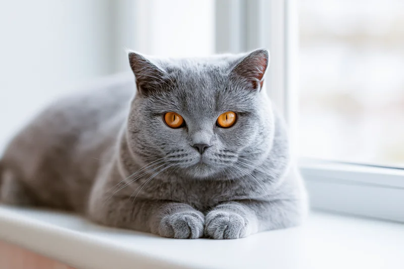 Grey british shorthair cat resting on windowsill indoors with orange eyes focused forward
