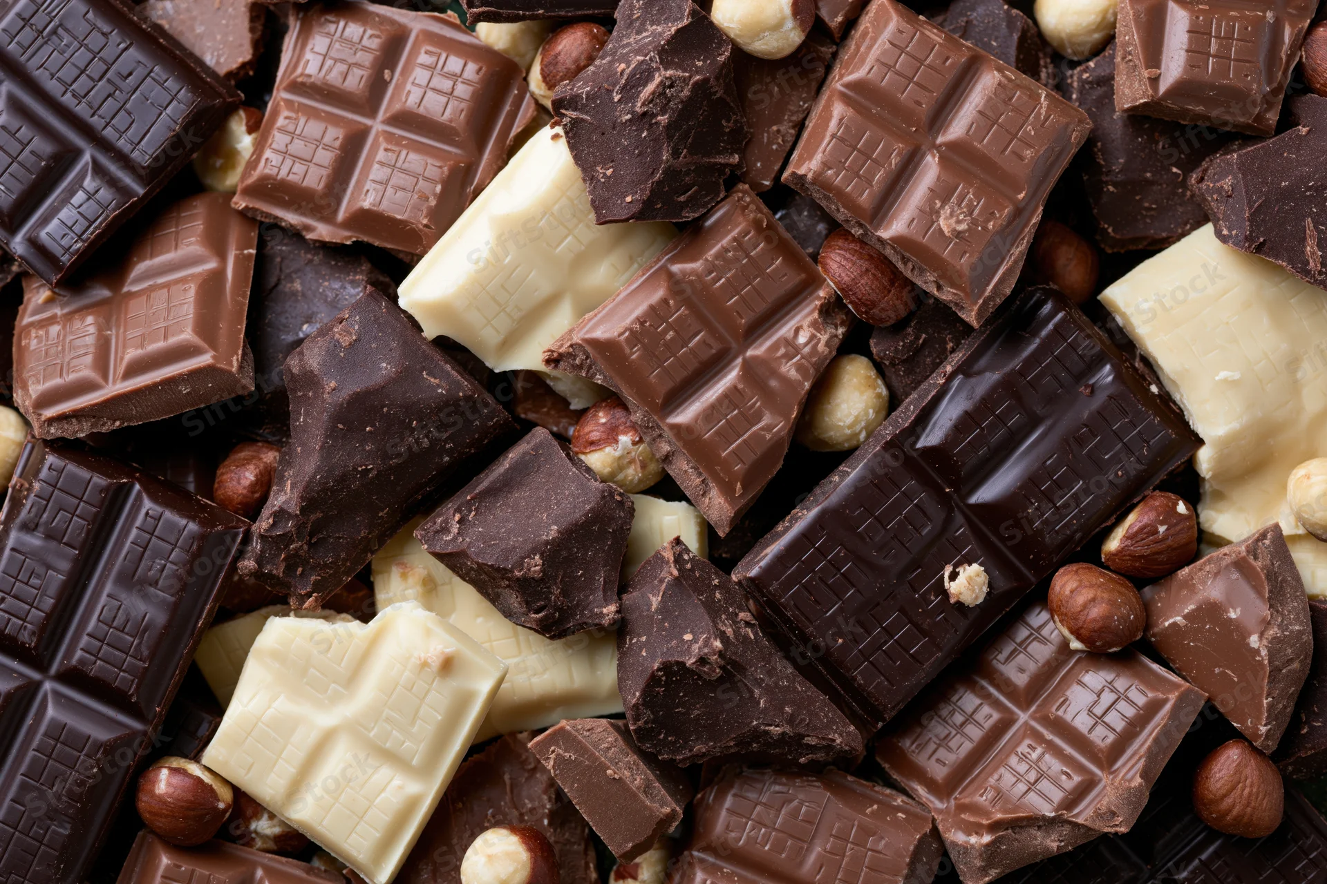 Broken chocolate pieces and hazelnuts piled together in overhead closeup view