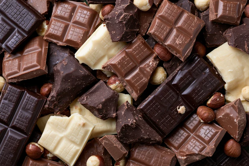 Broken chocolate pieces and hazelnuts piled together in overhead closeup view