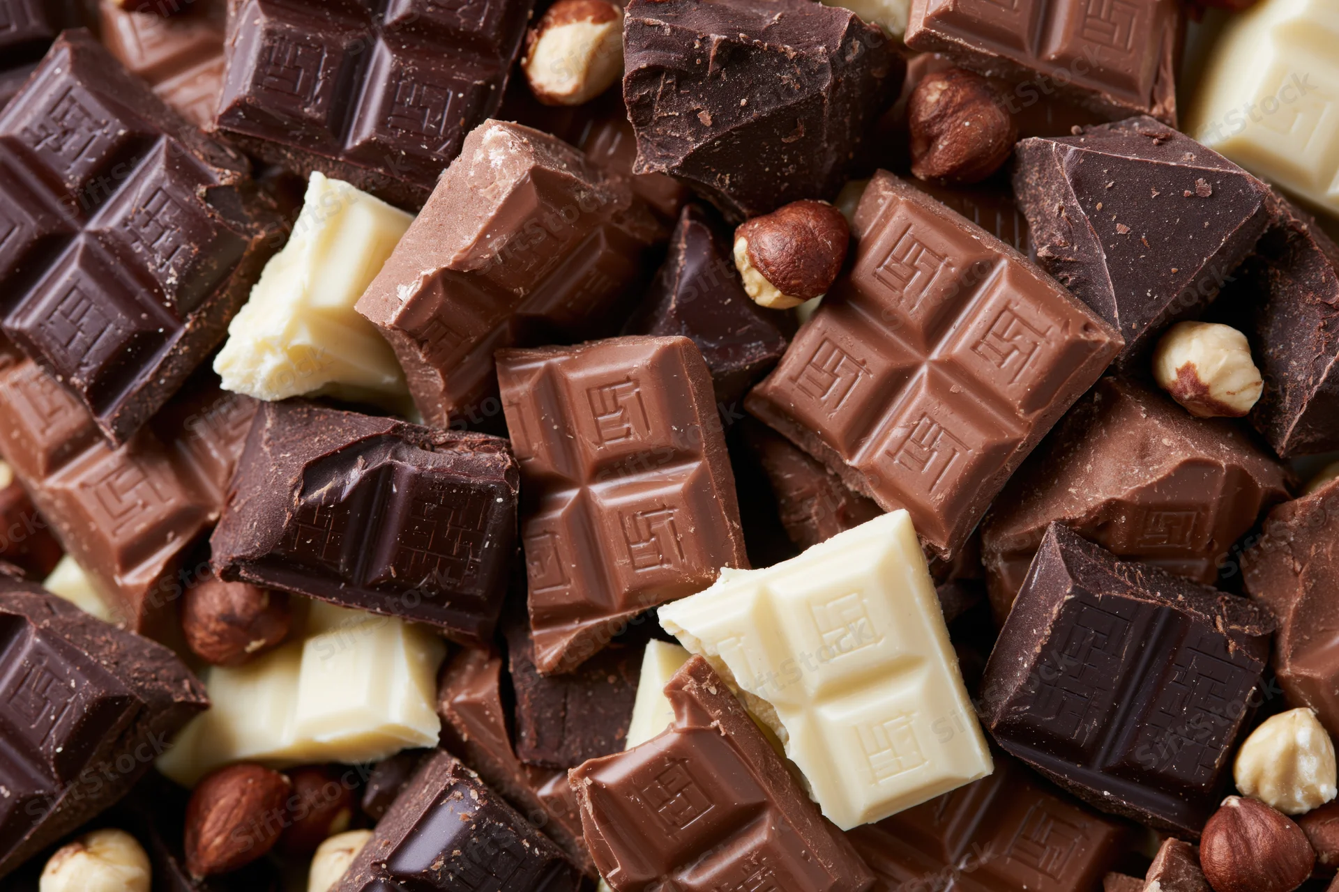 Broken chocolate pieces piled together in a dense overhead closeup with milk, dark, and white varieties mixed with hazelnuts
