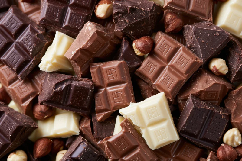 Broken chocolate pieces piled together in a dense overhead closeup with milk, dark, and white varieties mixed with hazelnuts