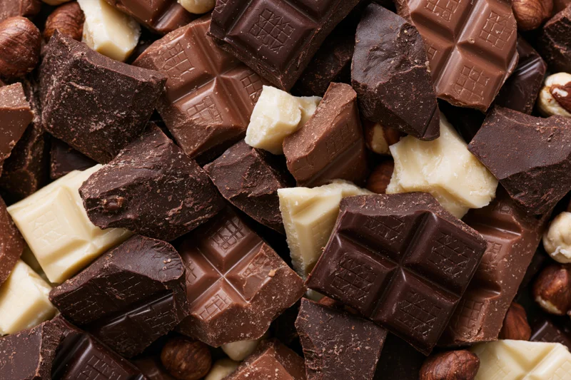 Broken chocolate pieces and hazelnuts piled together in a dense overhead closeup