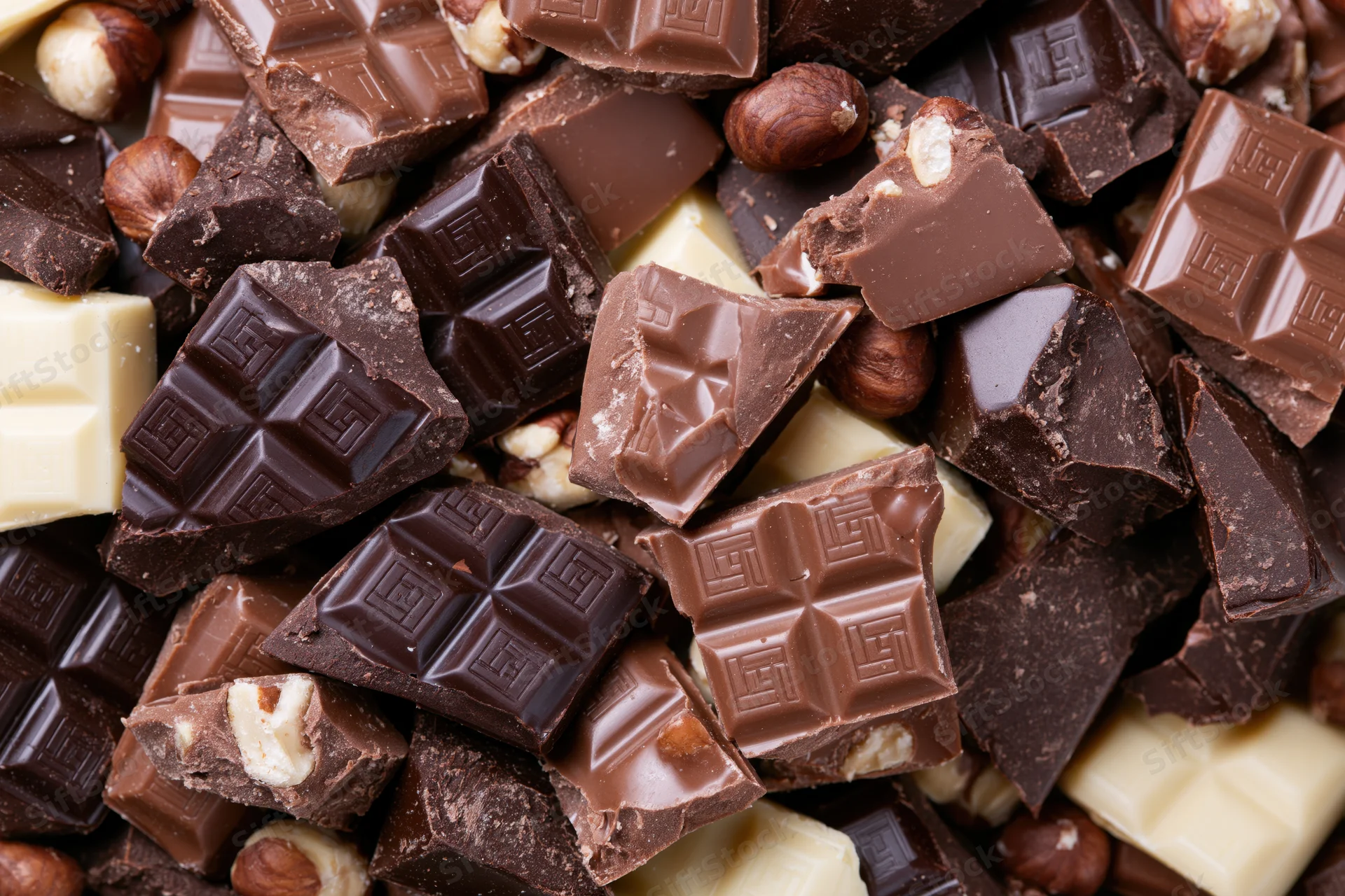 Broken chocolate pieces piled together in a dense overhead closeup showing dark, milk, and white varieties with hazelnuts