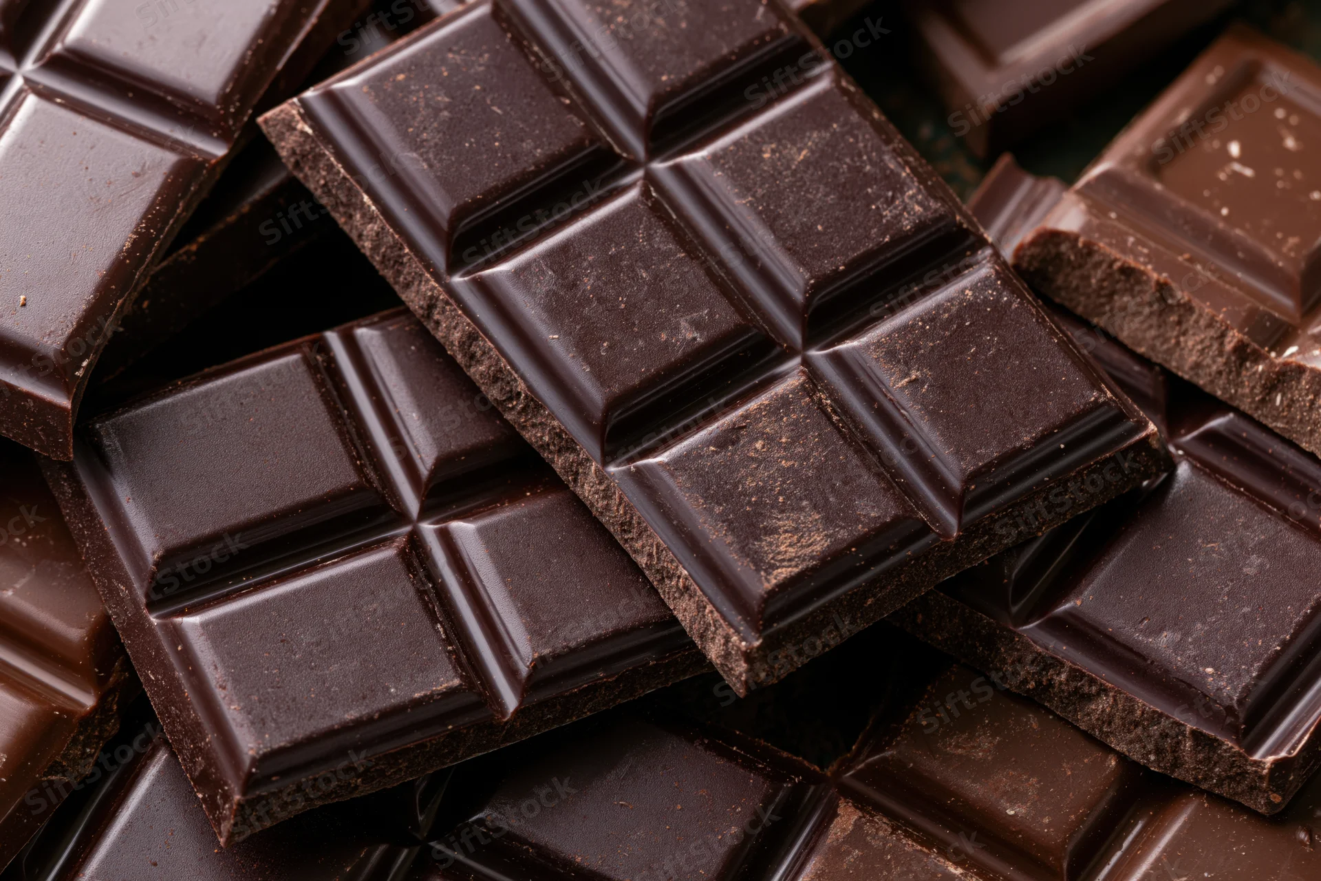 Broken dark chocolate bars stacked and scattered in closeup view