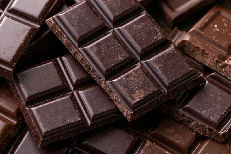 Broken dark chocolate bars stacked and scattered in closeup view