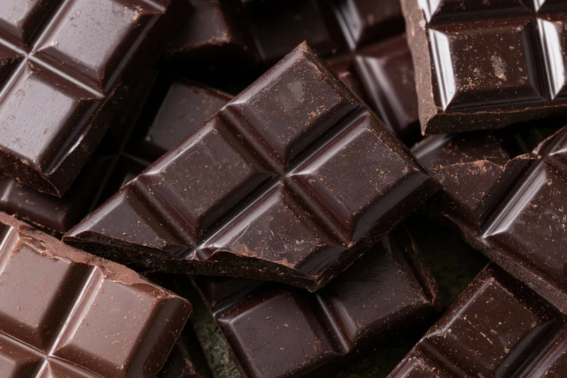 Broken dark chocolate bars scattered and stacked in closeup view