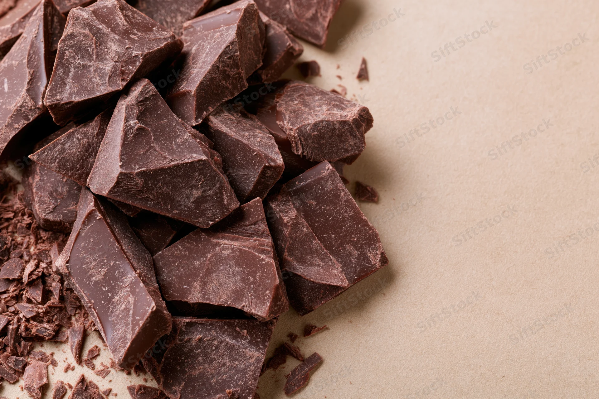 Broken dark chocolate chunks piled loosely on beige paper surface