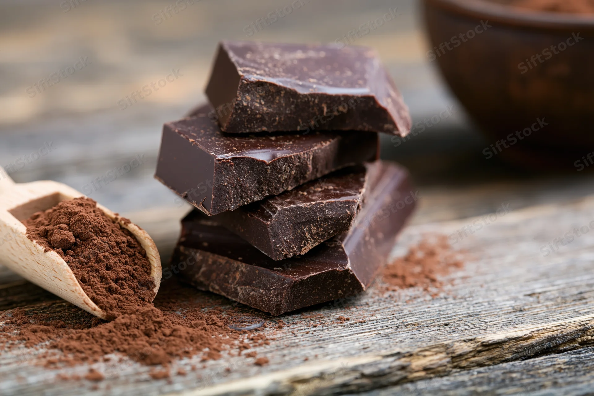 Broken dark chocolate chunks stacked on rustic wooden surface with cocoa powder and wooden spoon nearby