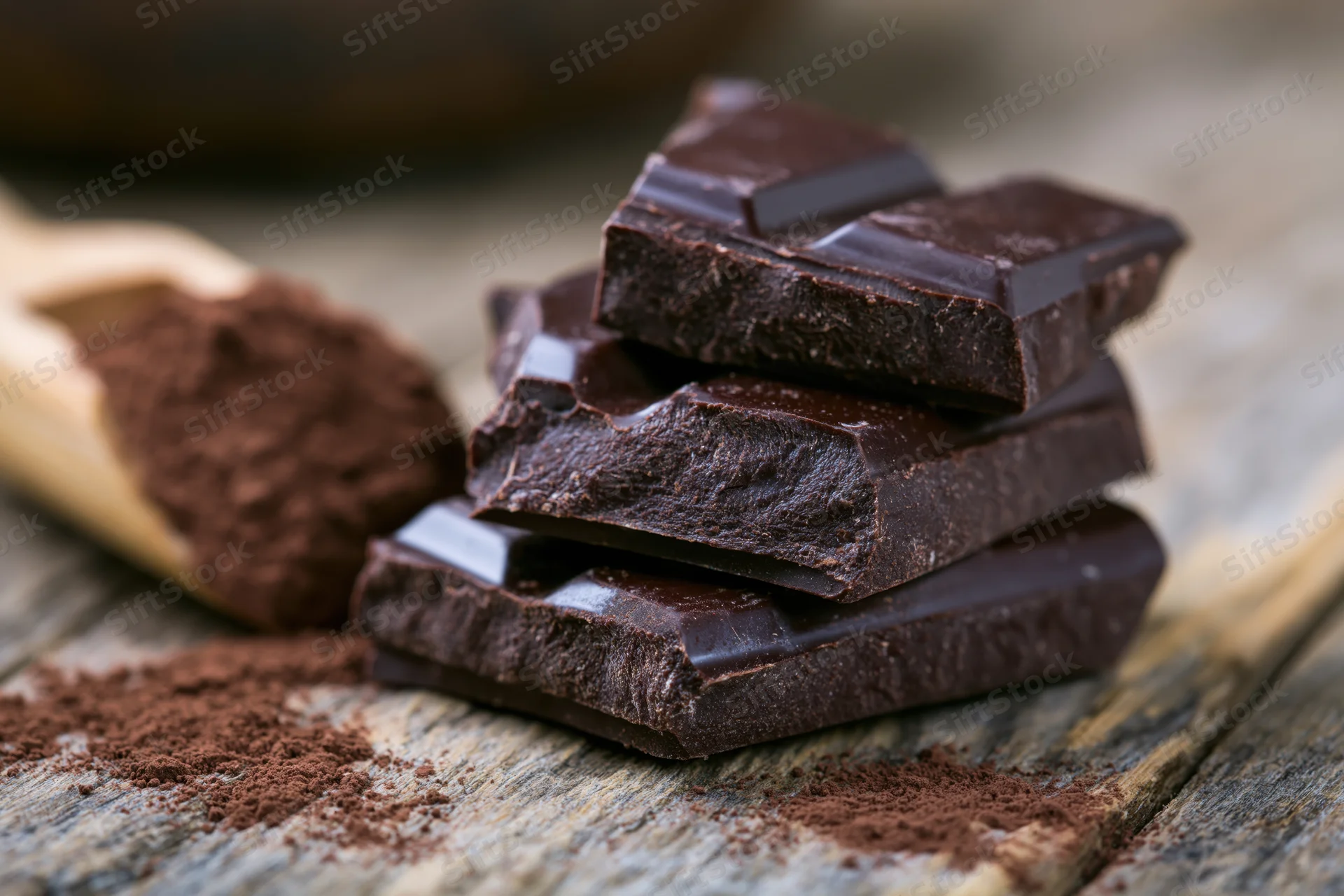 Broken dark chocolate chunks stacked on a rustic wooden surface with cocoa powder and a wooden scoop nearby