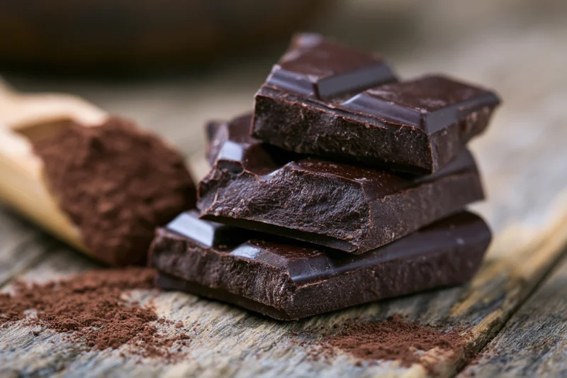 Broken dark chocolate chunks stacked on a rustic wooden surface with cocoa powder and a wooden scoop nearby