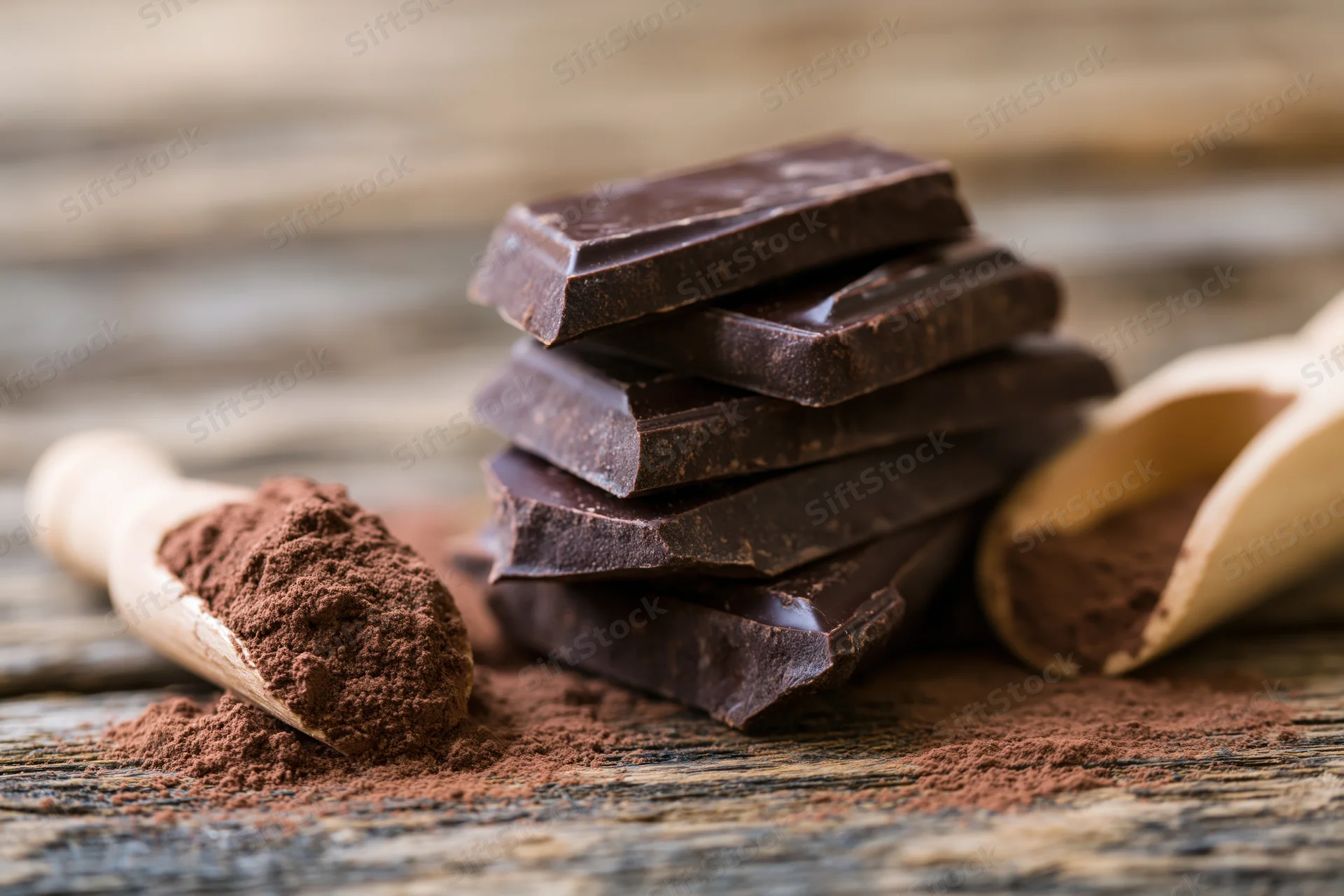 Broken dark chocolate chunks stacked on a rustic wooden surface with cocoa powder and wooden scoops
