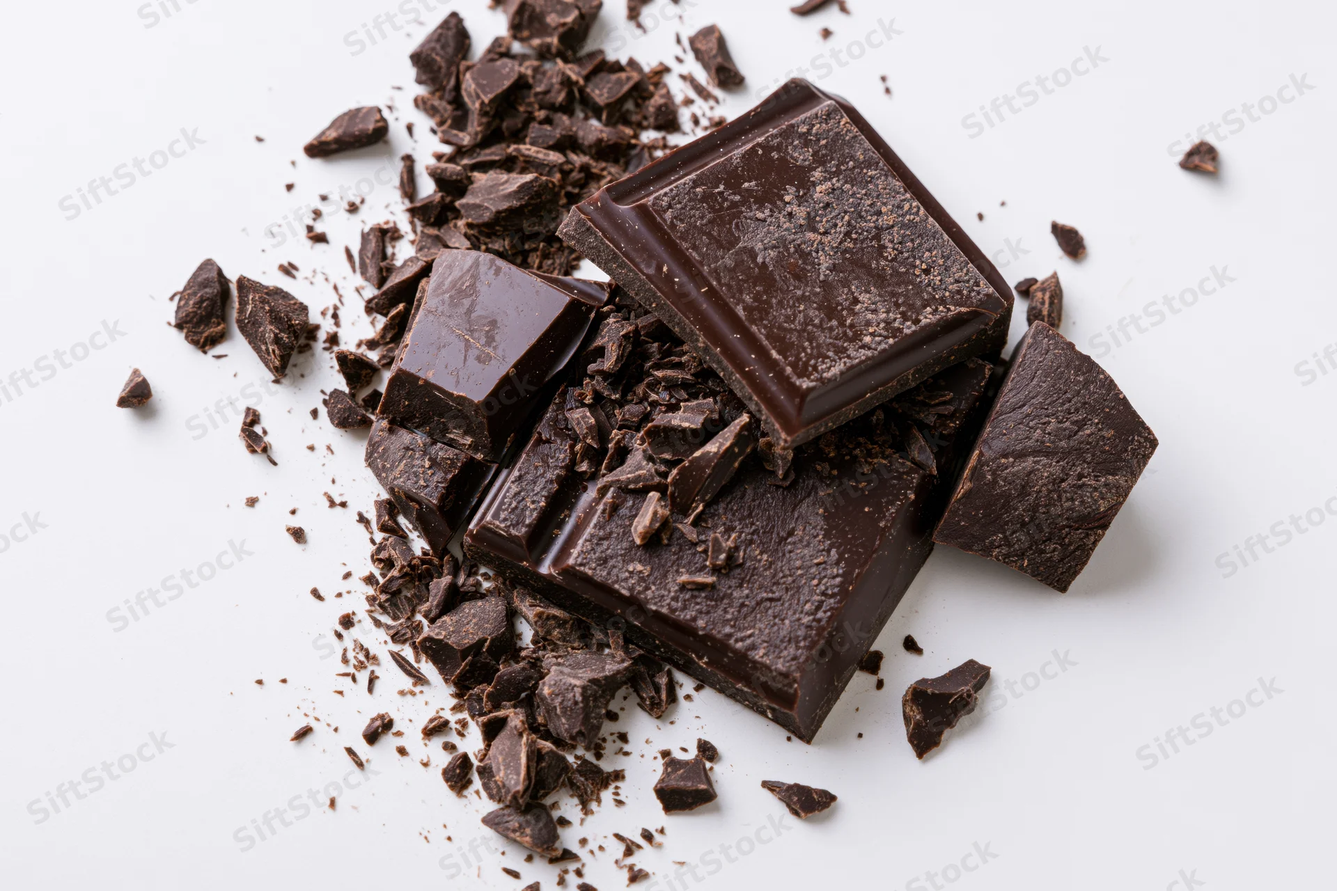 Broken dark chocolate pieces and shards scattered on a white surface