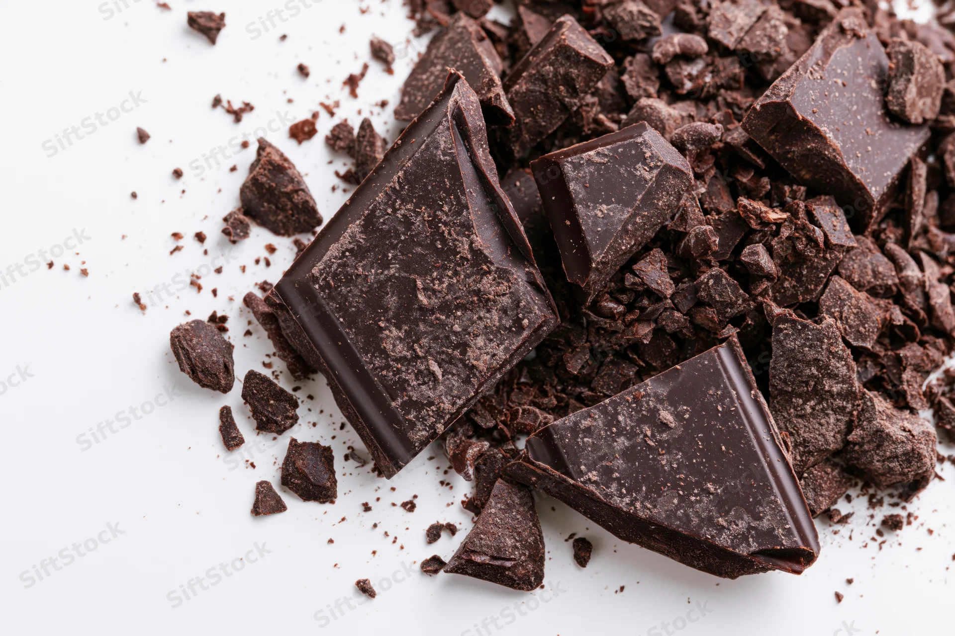 Broken dark chocolate pieces scattered on a white surface
