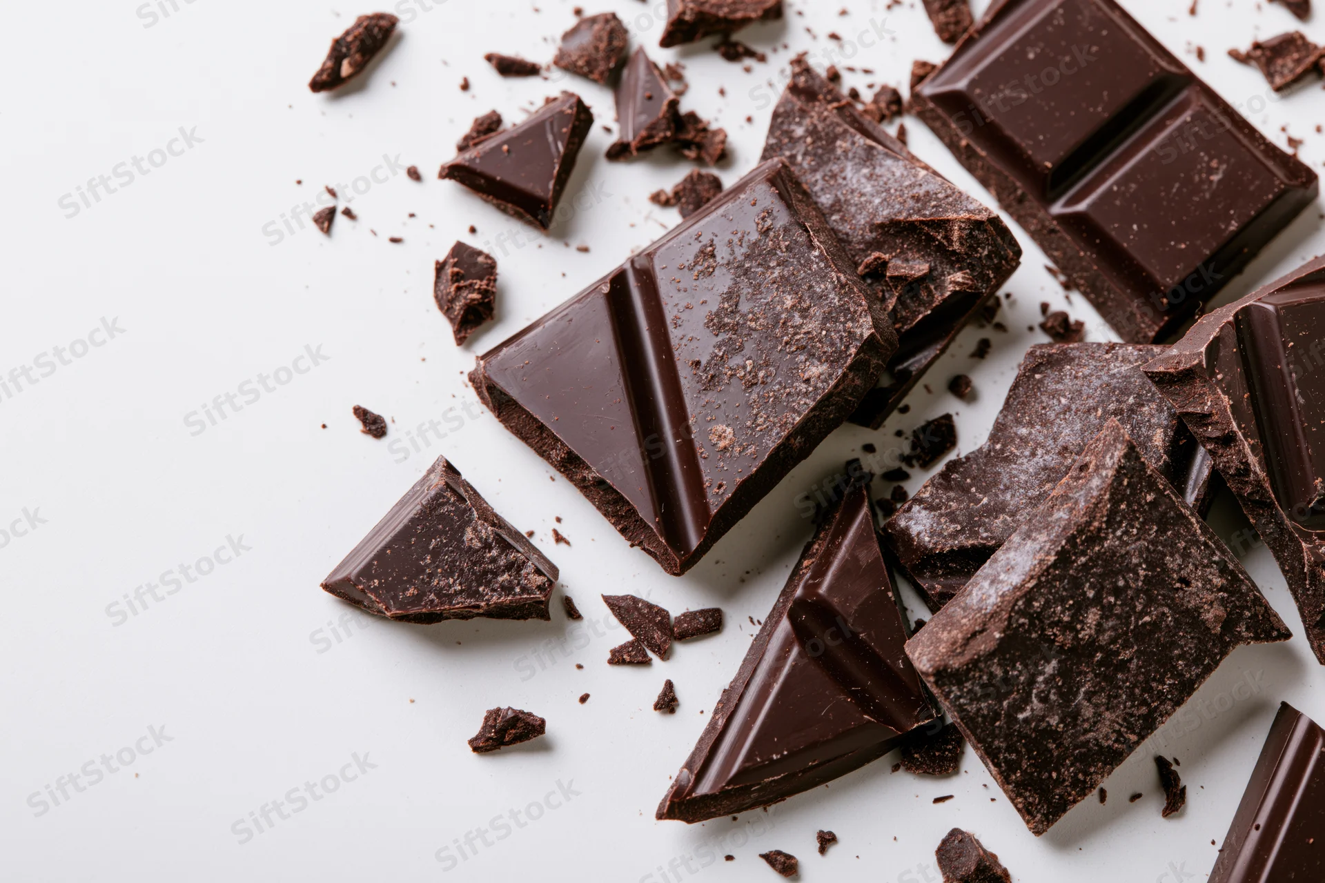 Broken dark chocolate pieces scattered across a white surface