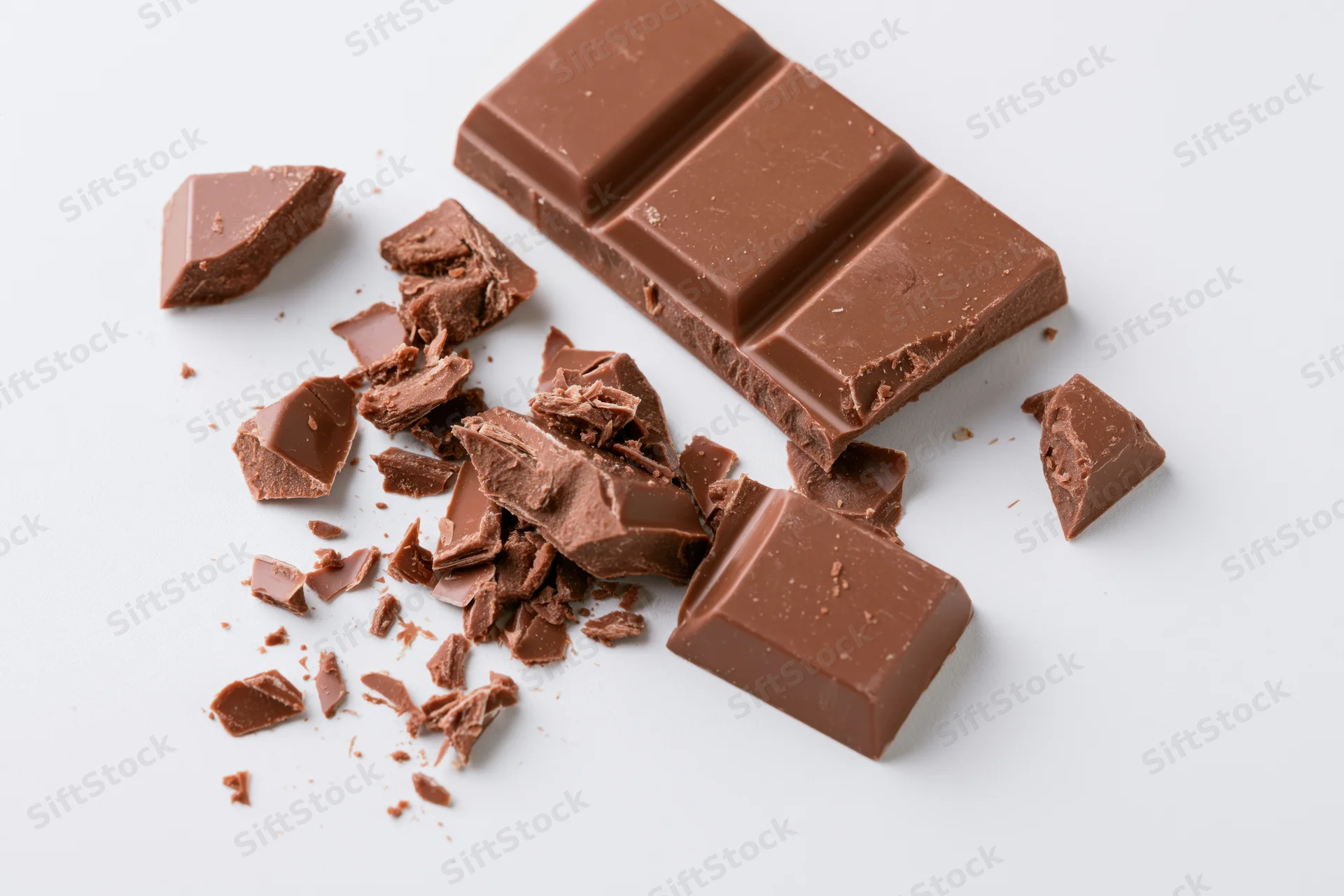 Broken milk chocolate bar with scattered pieces on white background