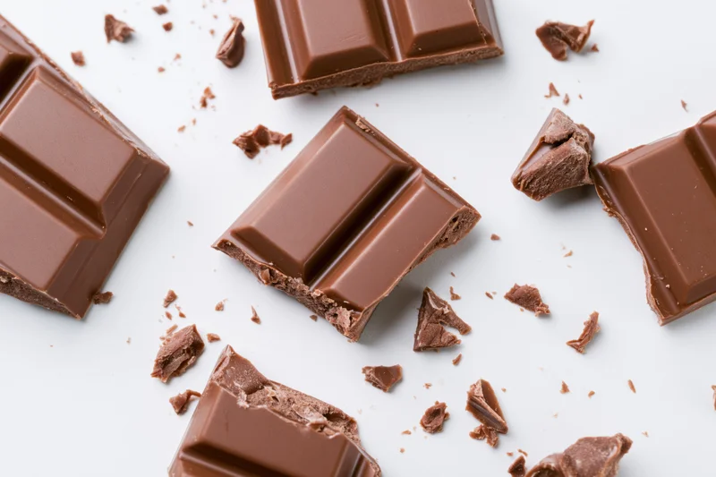 Broken milk chocolate bar segments and scattered shards on white background