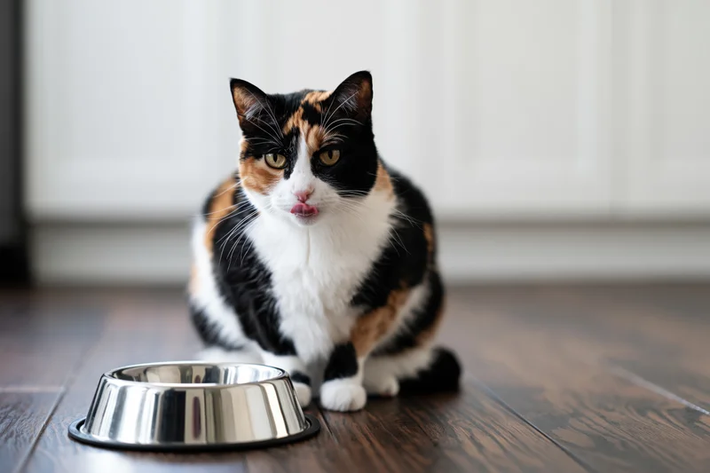 Calico cat sitting beside stainless steel bowl on dark hardwood floor