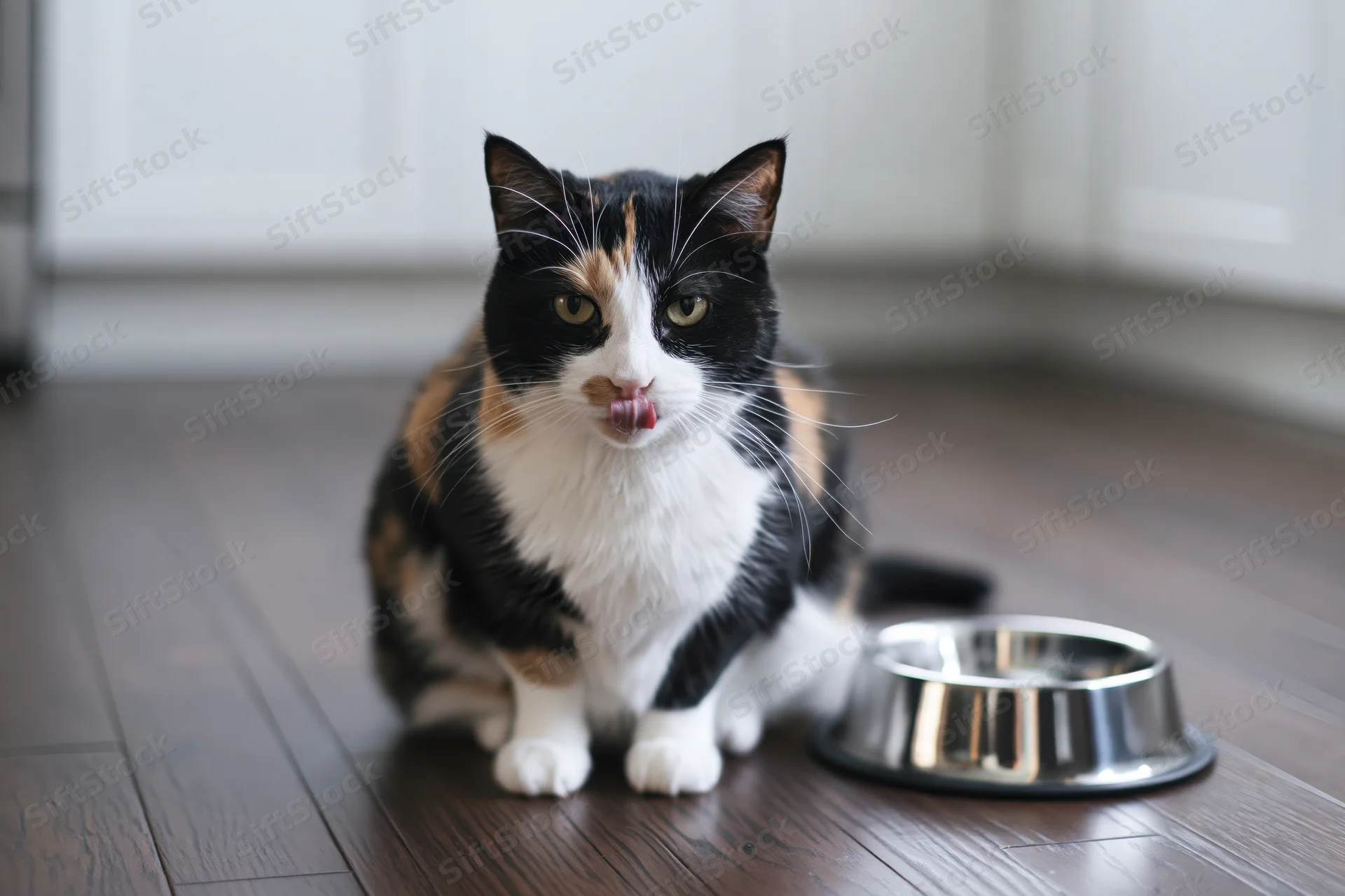 Calico cat sitting on dark hardwood floor beside stainless bowl, tongue out, looking at camera