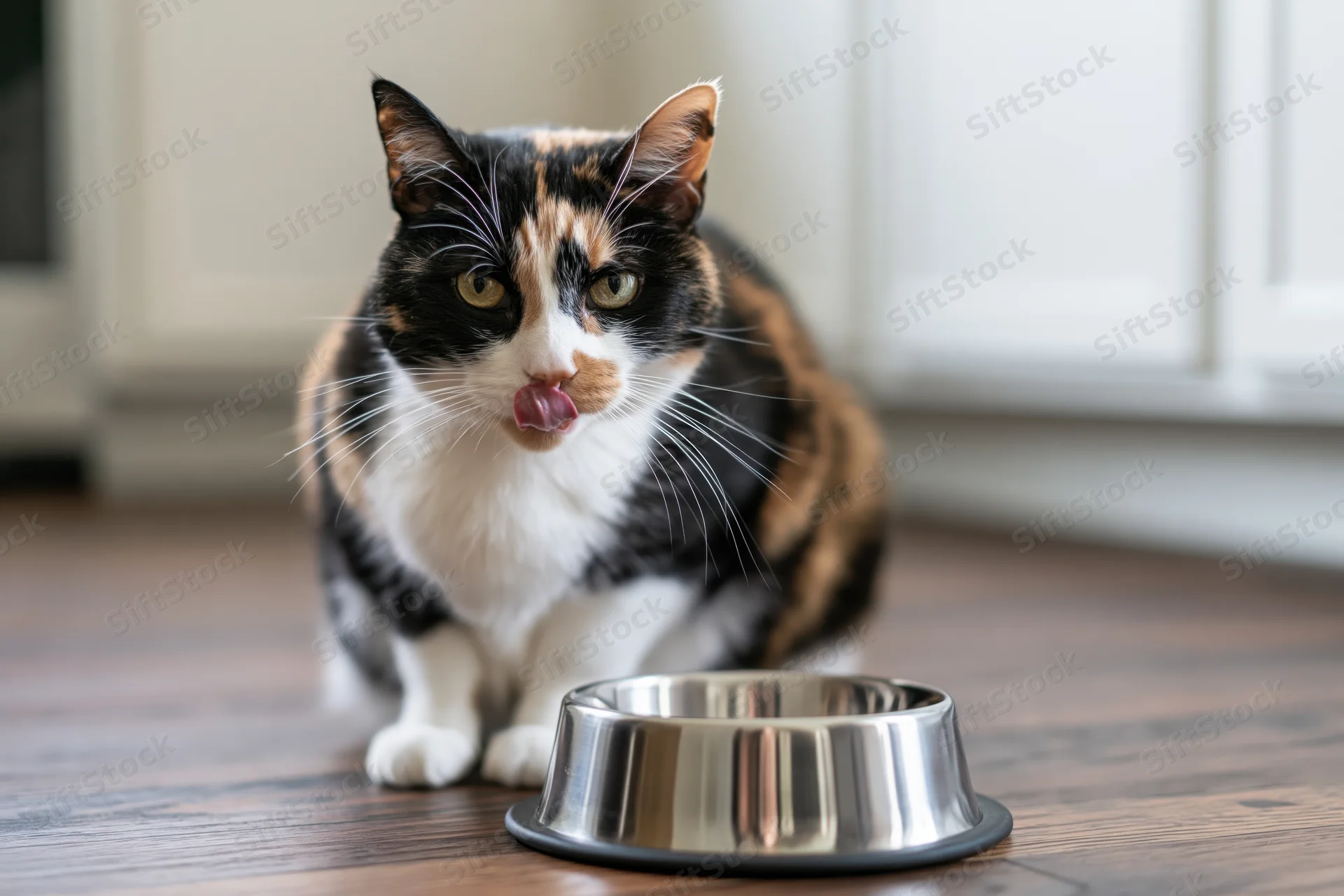 Calico cat sitting on hardwood floor licking lips beside stainless steel pet bowl